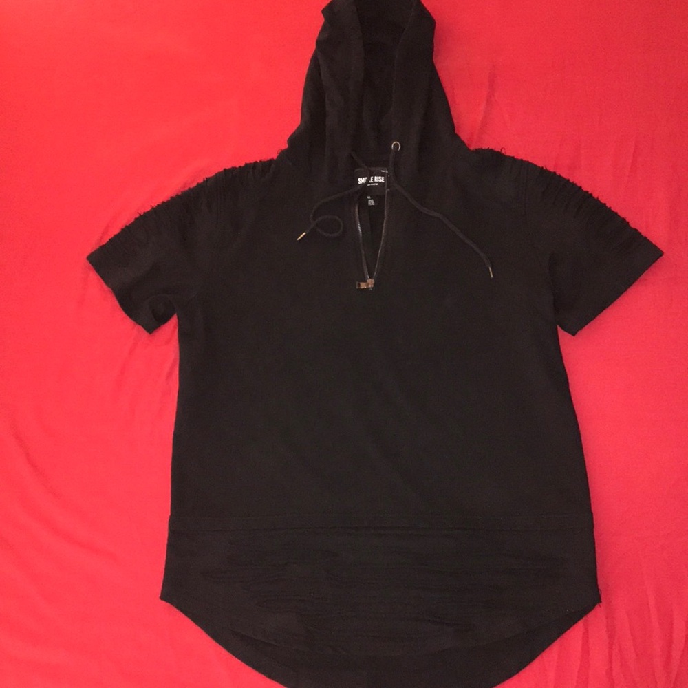 Smoke Rise Metal Zip Rip Short-Sleeve Black Hoodie